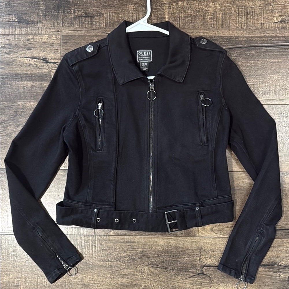 GUESS Women's Black Denim Maven Moto Jacket Size XS